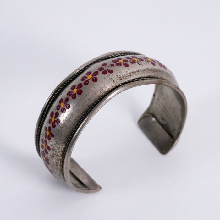 Vintage Floral Hand-Painted Silver Tone Cuff Bracelet
