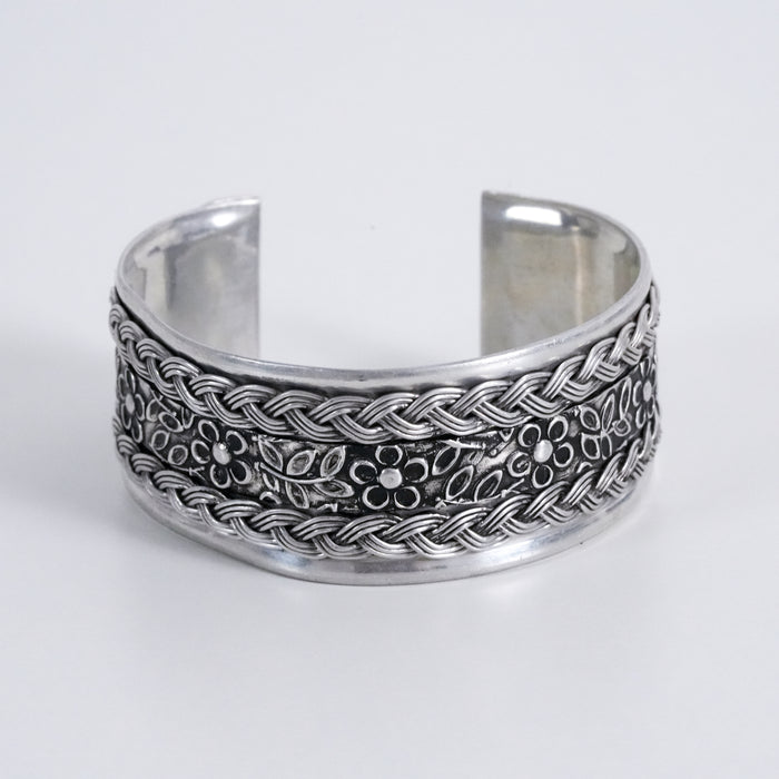 Vintage Floral Braided Silver Tone Cuff Bracelet