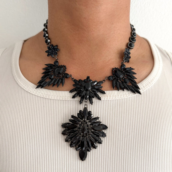 Vintage Daires Black Floral Crystal Statement Bib Necklace