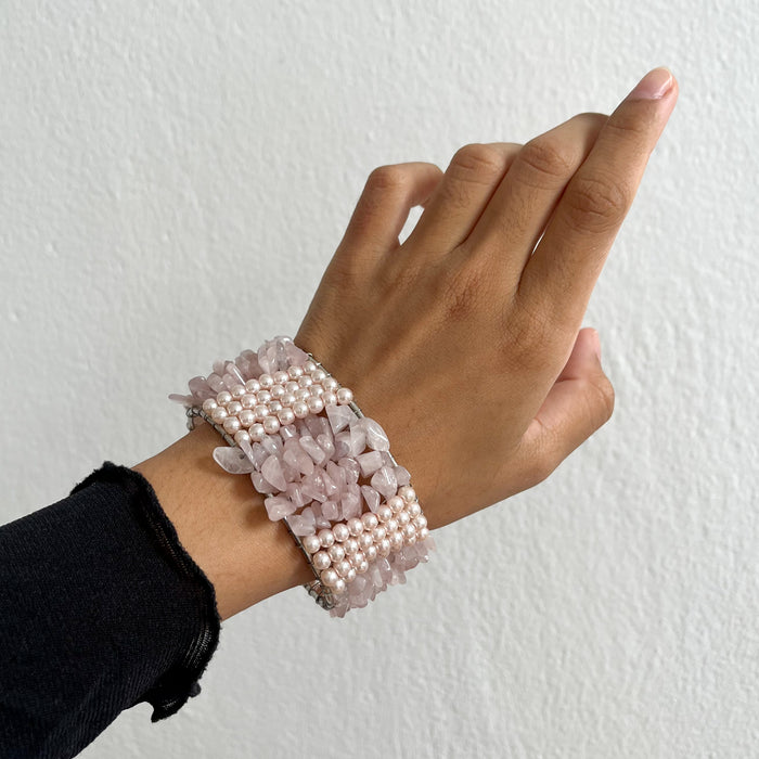Vintage Silver Rose Quartz Pearl Layered Statement Cuff Bracelet