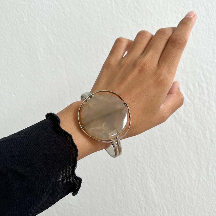 Vintage Silver-Tone Stone Statement Cuff Bracelet