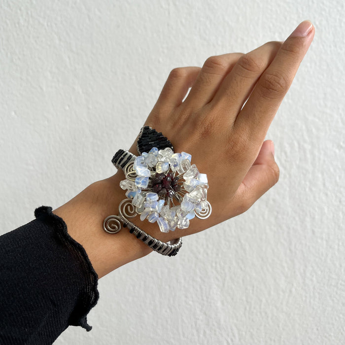 Vintage Silver Wire-Wrapped Stone Floral Statement Cuff Bracelet
