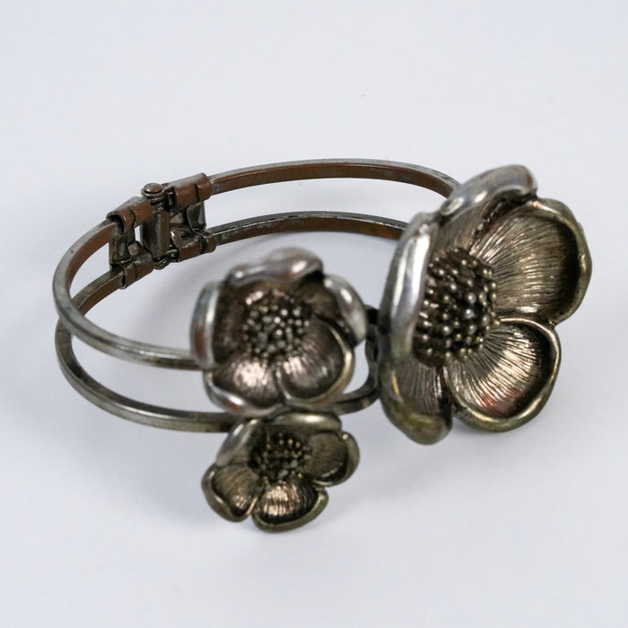 Vintage Silver Tone Floral Cuff Bracelet | Statement Flower Bracelet | Botanical Hinged Bangle