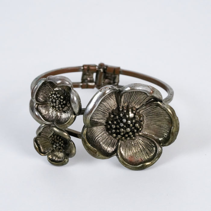 Vintage Silver Tone Floral Cuff Bracelet | Statement Flower Bracelet | Botanical Hinged Bangle