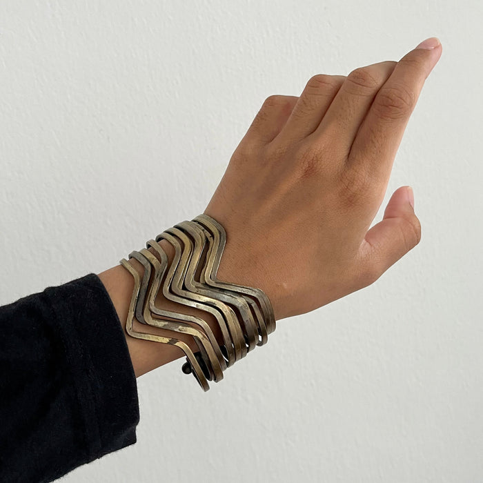 Vintage Layered Wave Cuff Bracelet Bronze Tone Wide Geometric Statement