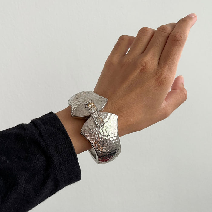 Vintage Hammered Silver Tone Hinged Rhinestone Bracelet