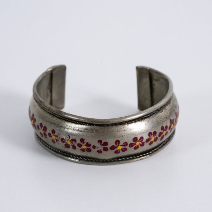 Vintage Floral Hand-Painted Silver Tone Cuff Bracelet