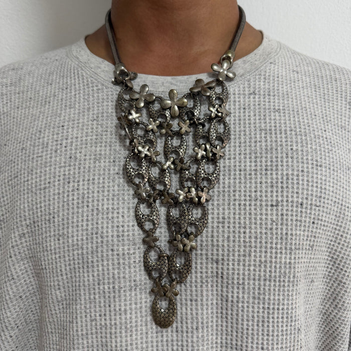 Vintage Silver Tone Floral Link Statement Layered Bib Necklace