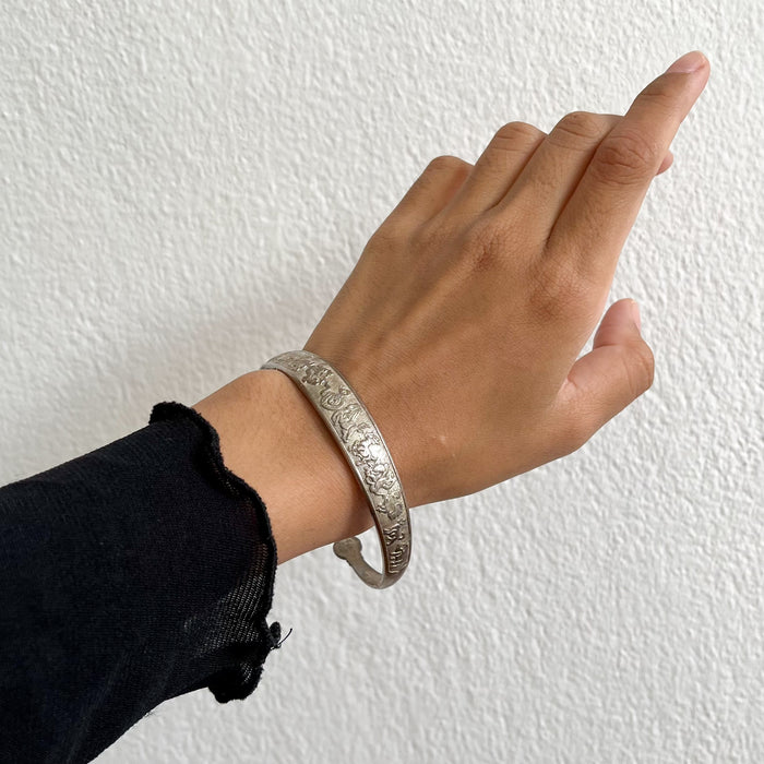 Vintage Zodiac Motif Silver-Tone Open Cuff Bracelet