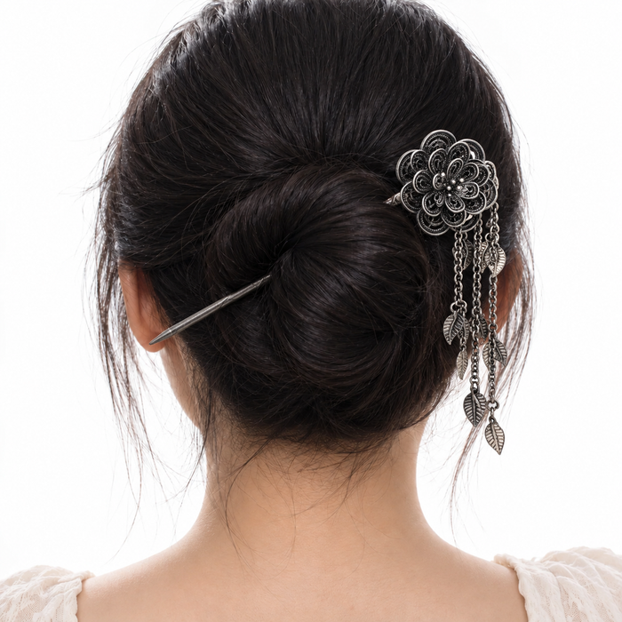 Vintage Silver-Tone Filigree Flower Hair Pin with Dangling Leaf Charms