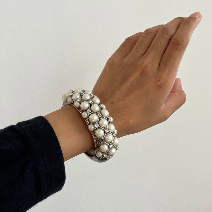 Vintage Faux Pearl Rhinestone Hinged Bangle Bracelet Silver Tone Glam Statement