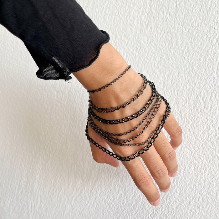 Vintage Black Multi Chain Hand Bracelet / Layered Gothic Hand Harness Bracelet