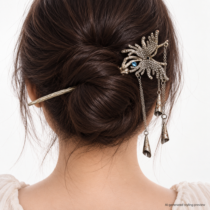 Vintage Silver-Tone Rhinestone Floral Hair Stick with Dangling Chain Charms