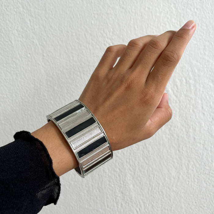 Vintage Silver-Tone Black Enamel Geometric Statement Cuff Bracelet