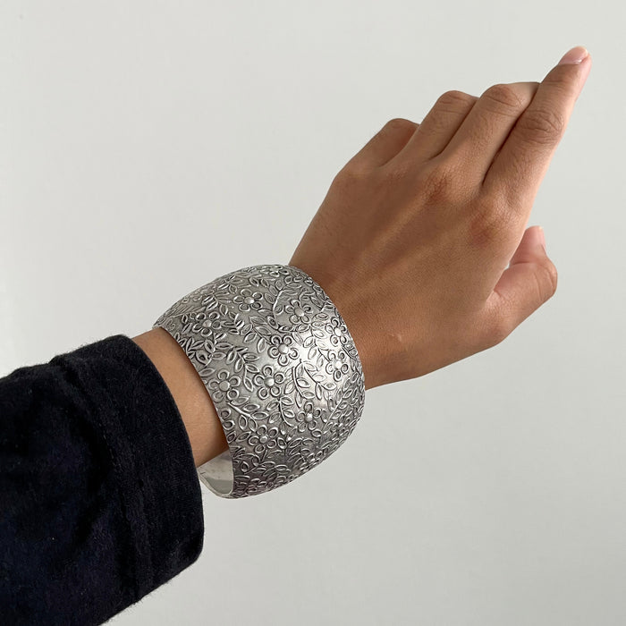 Vintage Silver Tone Floral Embossed Wide Cuff Bracelet Botanical Boho Statement
