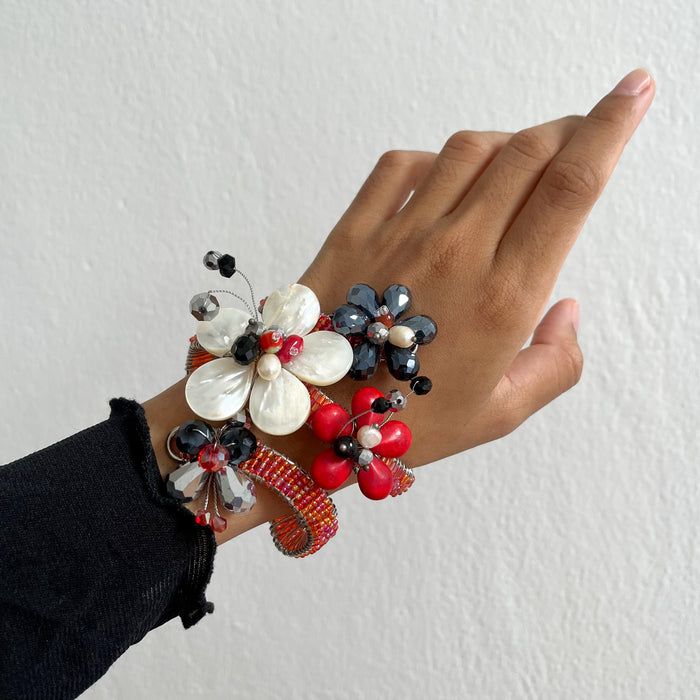 Vintage Beaded Wire-Wrapped Pearl Floral Statement Cuff Bracelet
