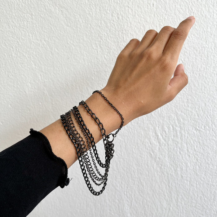 Vintage Black Multi Chain Hand Bracelet / Layered Gothic Hand Harness Bracelet