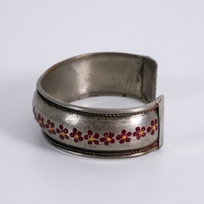 Vintage Floral Hand-Painted Silver Tone Cuff Bracelet