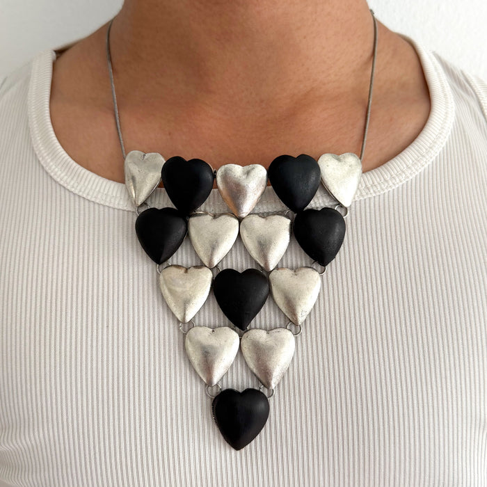 Vintage Silver-Tone Black & Silver Heart Statement Bib Necklace