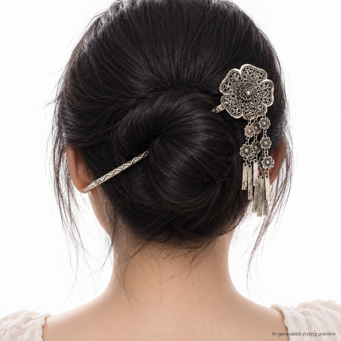 Vintage Silver Filigree Floral Hair Stick with Dangling Charms