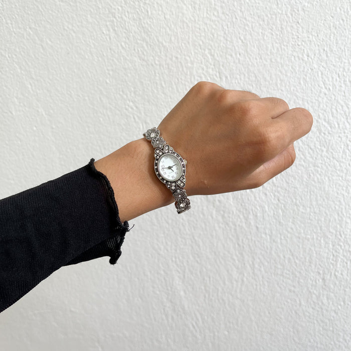 Vintage Silver Tone Rhinestone Bracelet Watch / Elegant Stretch Band Watch