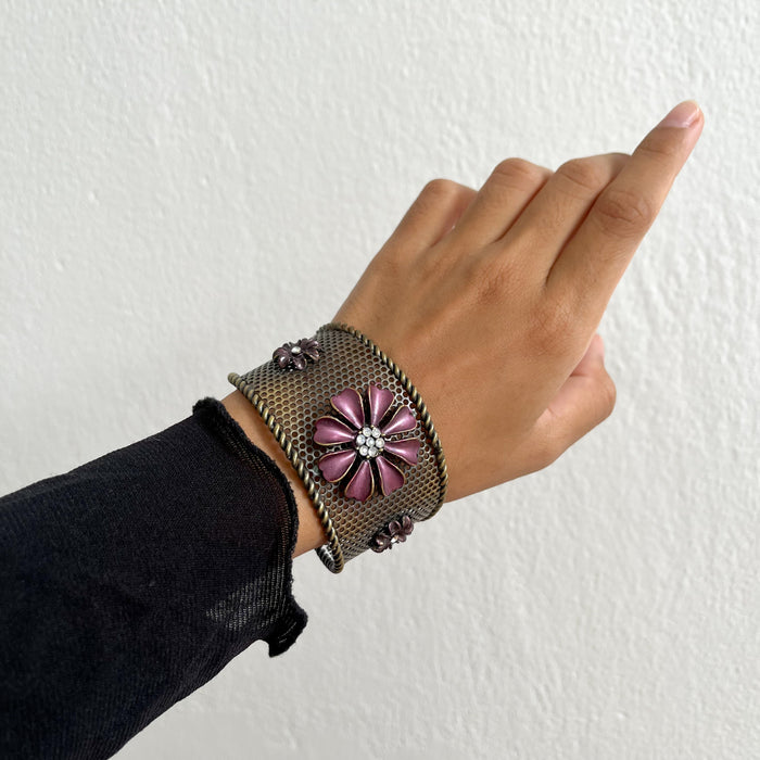 Vintage Copper-Tone Purple Floral Mesh Statement Cuff Bracelet