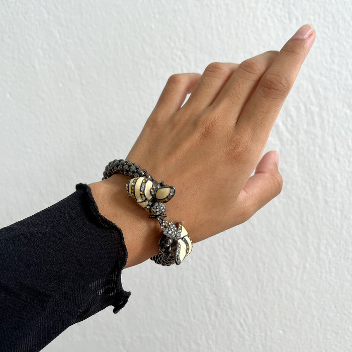 Vintage Gunmetal Bee Rhinestone Beaded Statement Bracelet