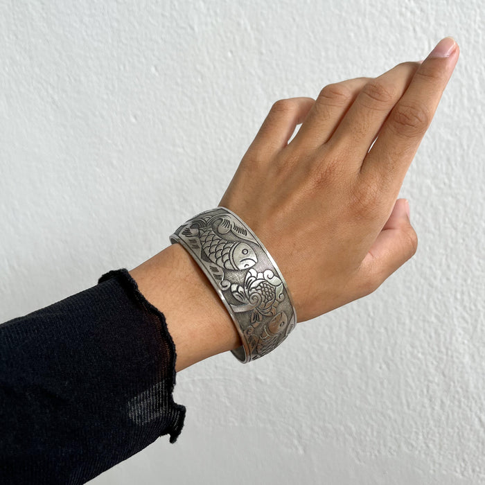Vintage S925 Silver Tone Koi Fish Floral Engraved Cuff Bracelet