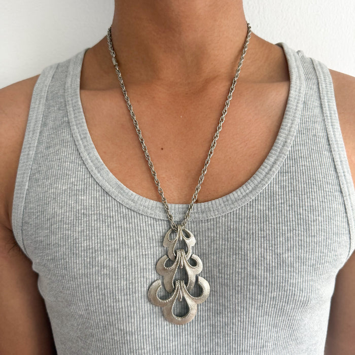Vintage Silver Tone Ornate Abstract Pendant Necklace