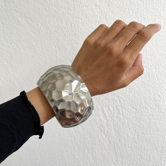 Vintage Hammered Silver Tone Wide Hinged Cuff Bracelet