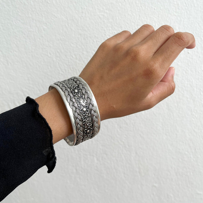 Vintage Floral Braided Silver Tone Cuff Bracelet
