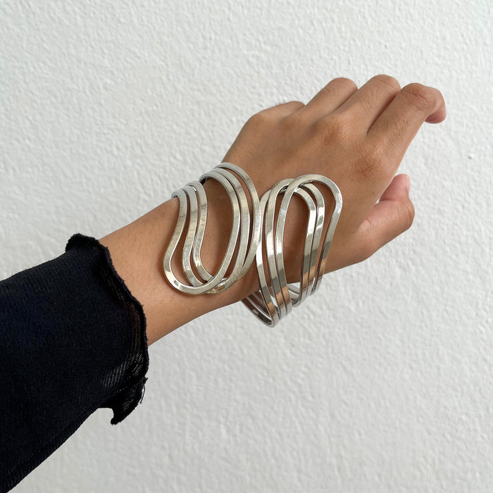 Vintage Silver Tone Sculptural Wave Cuff Bracelet