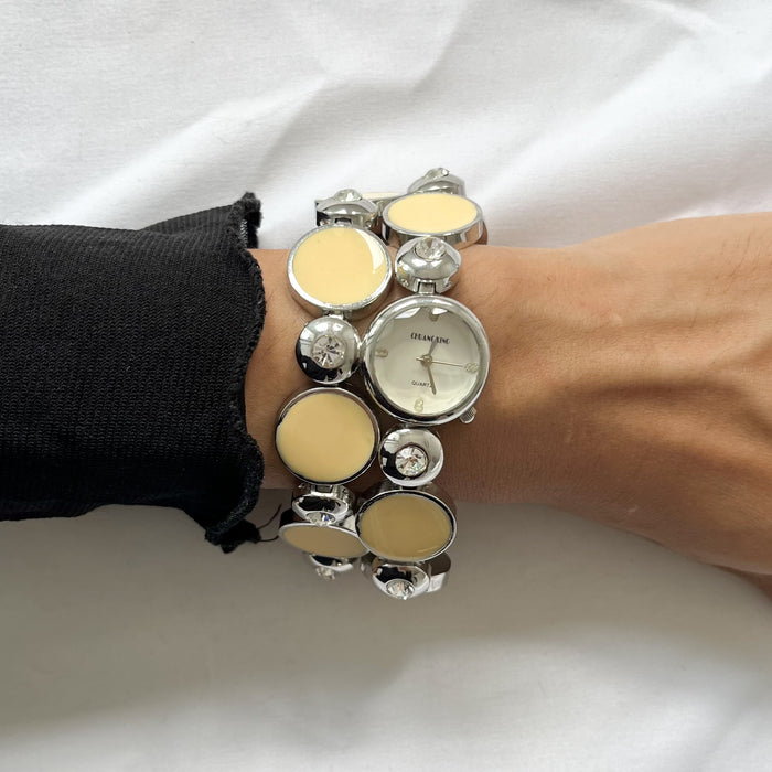 Vintage Y2K Cream Disc Bracelet Watch / Rhinestone Accent Fashion Watch