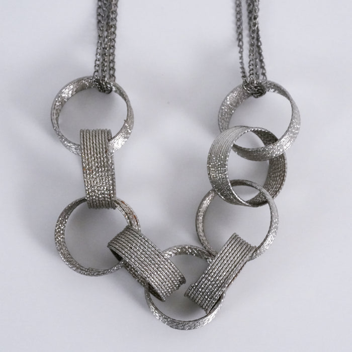 Vintage Silver Tone Textured Geometric Link Statement Necklace