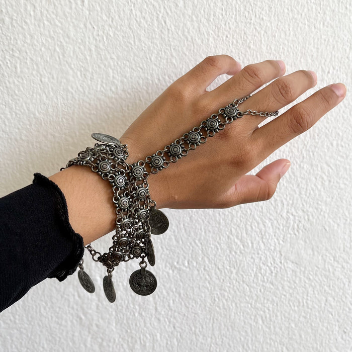 Vintage Silver Tone Coin Charm Hand Chain Bracelet / Tribal Boho Statement