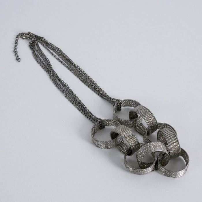 Vintage Silver Tone Textured Geometric Link Statement Necklace