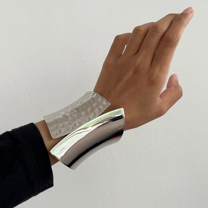 Vintage Silver Tone Wide Hinged Cuff Bracelet Hammered Asymmetrical Statement