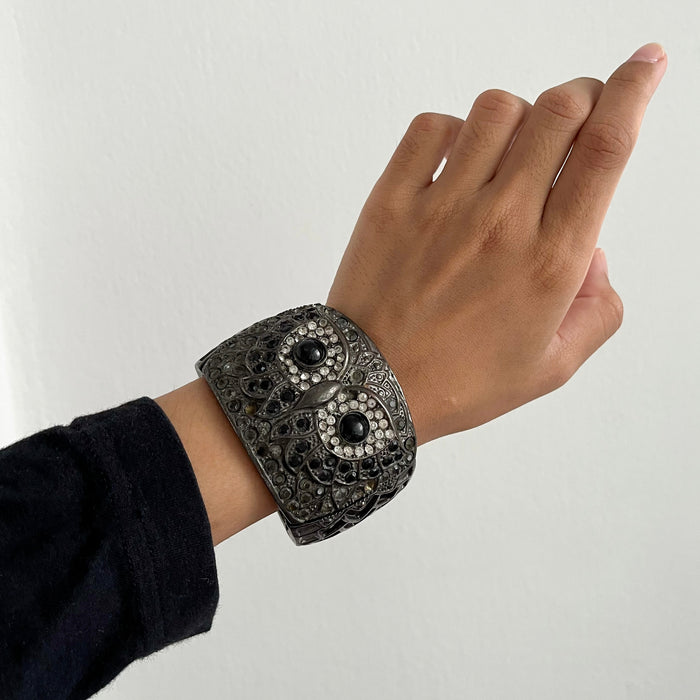 Vintage Owl Cuff Bracelet Gunmetal Rhinestone Wide Statement