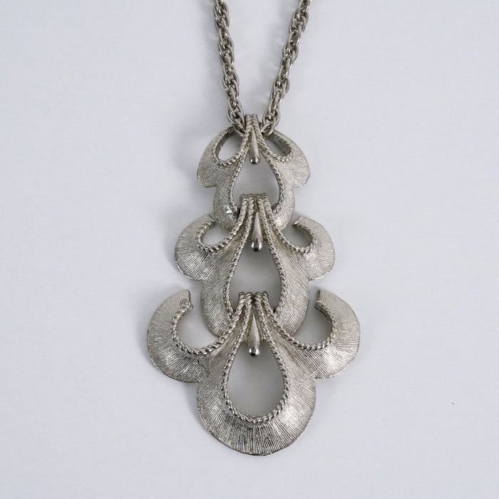 Vintage Silver Tone Ornate Abstract Pendant Necklace