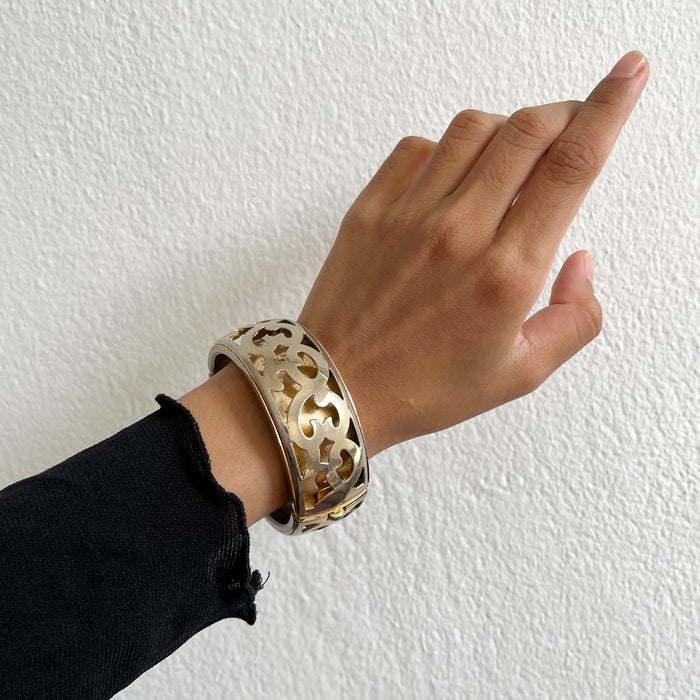 Vintage Two-Tone Filigree Hinged Bangle / Ornate Openwork Bracelet