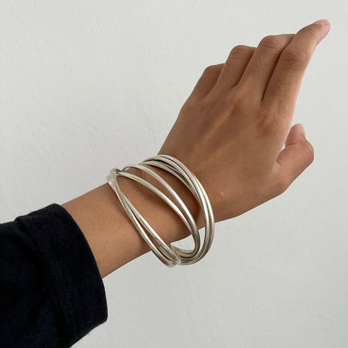 Vintage Silver Tone Stack Bangle Set Minimalist Thin Bangles Bracelet Lot of 9