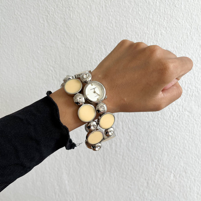 Vintage Y2K Cream Disc Bracelet Watch / Rhinestone Accent Fashion Watch