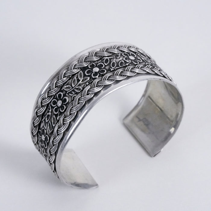 Vintage Floral Braided Silver Tone Cuff Bracelet