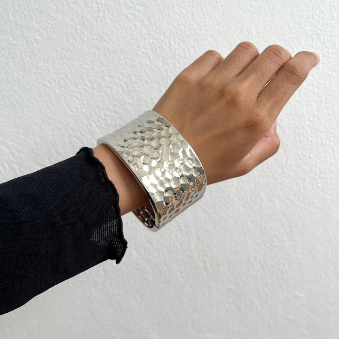 Vintage Silver Tone Hammered Wide Cuff Bracelet