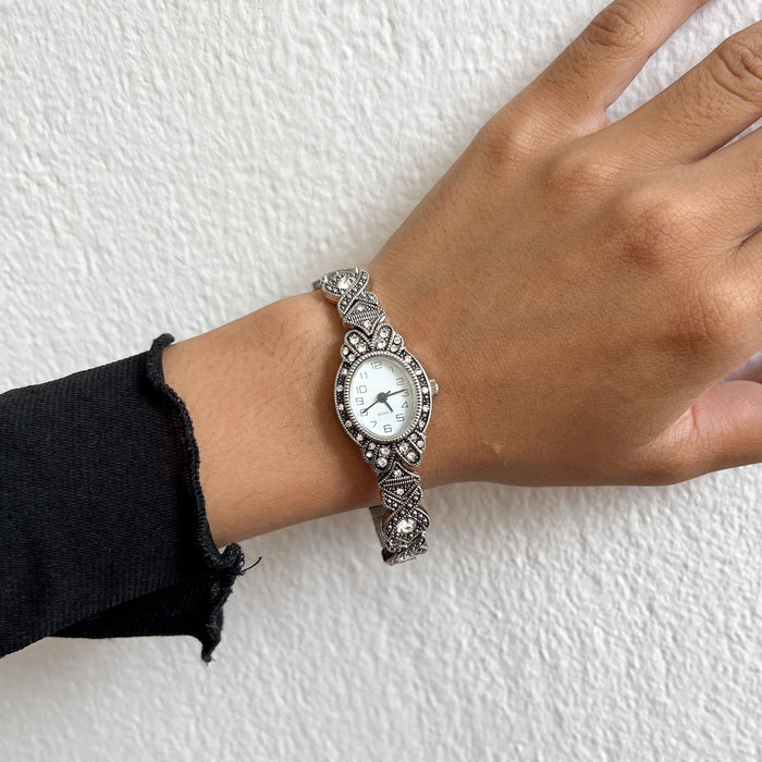 Vintage Silver Tone Rhinestone Bracelet Watch / Elegant Stretch Band Watch
