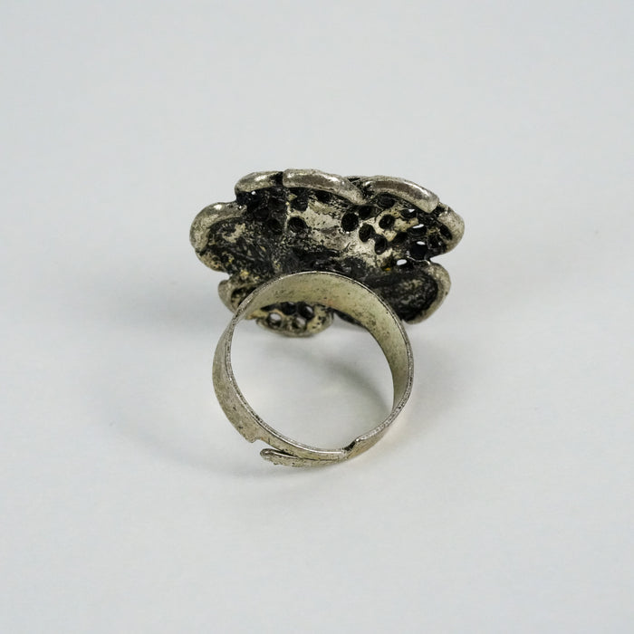 Vintage Silver-Tone Textured Floral Statement Ring