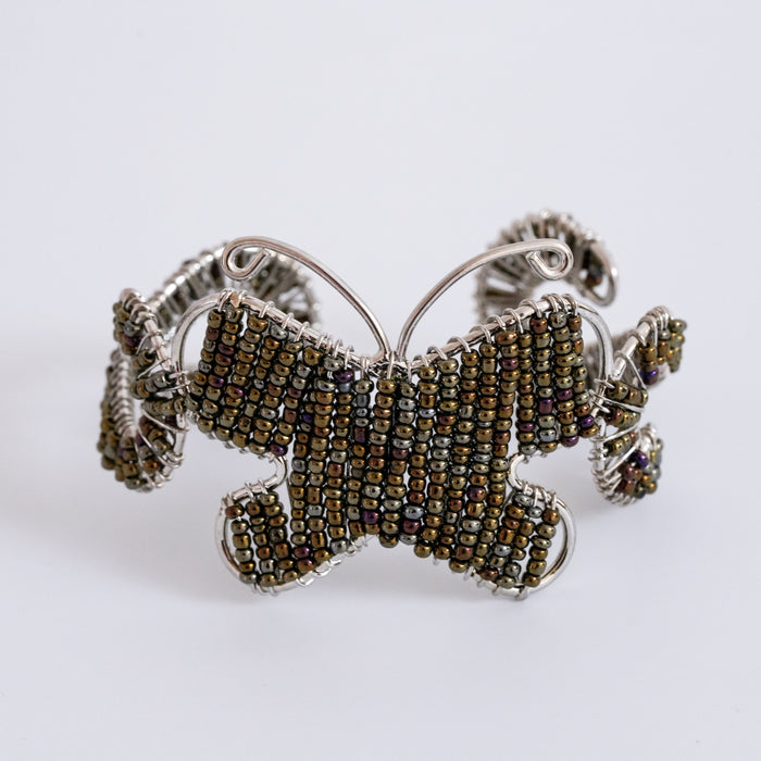 Beaded Butterfly Silver-Tone Cuff Bracelet