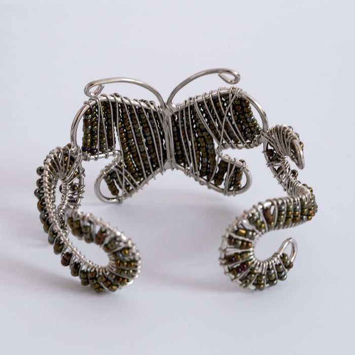 Beaded Butterfly Silver-Tone Cuff Bracelet