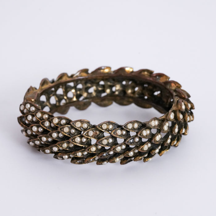 Vintage Leaf Pearl Antique Gold-Tone Hinge Bracelet