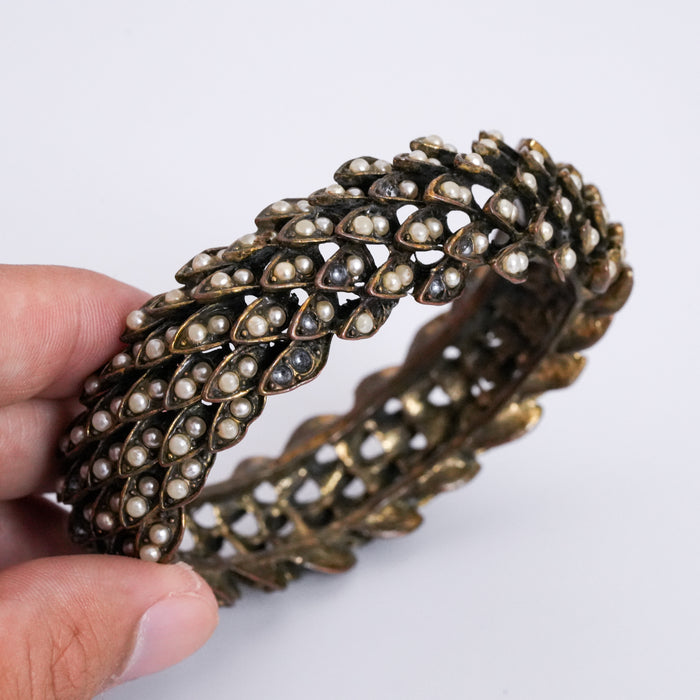 Vintage Leaf Pearl Antique Gold-Tone Hinge Bracelet